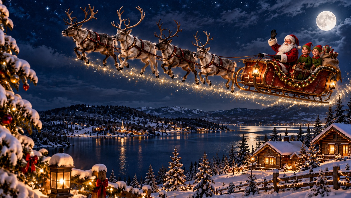 Santa and two cheerful elves fly in a reindeer sleigh above a snowy village under the stars